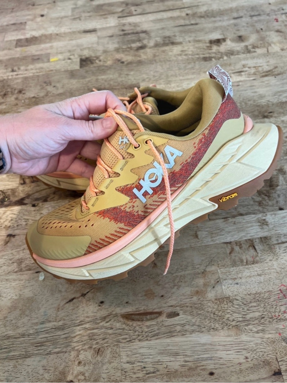 Hoka Women's Trail Runner in Yellow with Peach Accents- Vibram - Picture 5 of 11